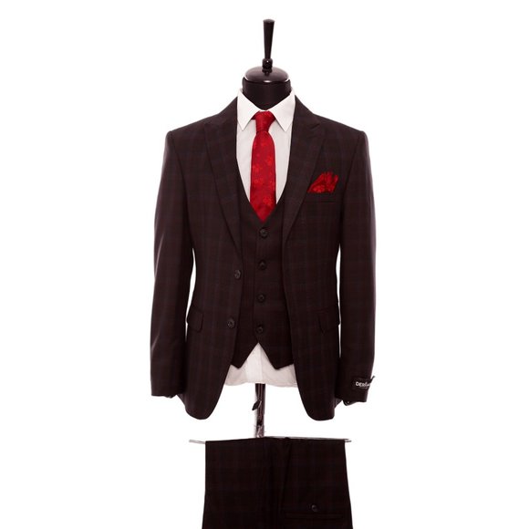 Premium Turkish Suit, Plaid Peak Lapel 3-piece, Burgundy U.S. Sizes - Picture 1 of 5